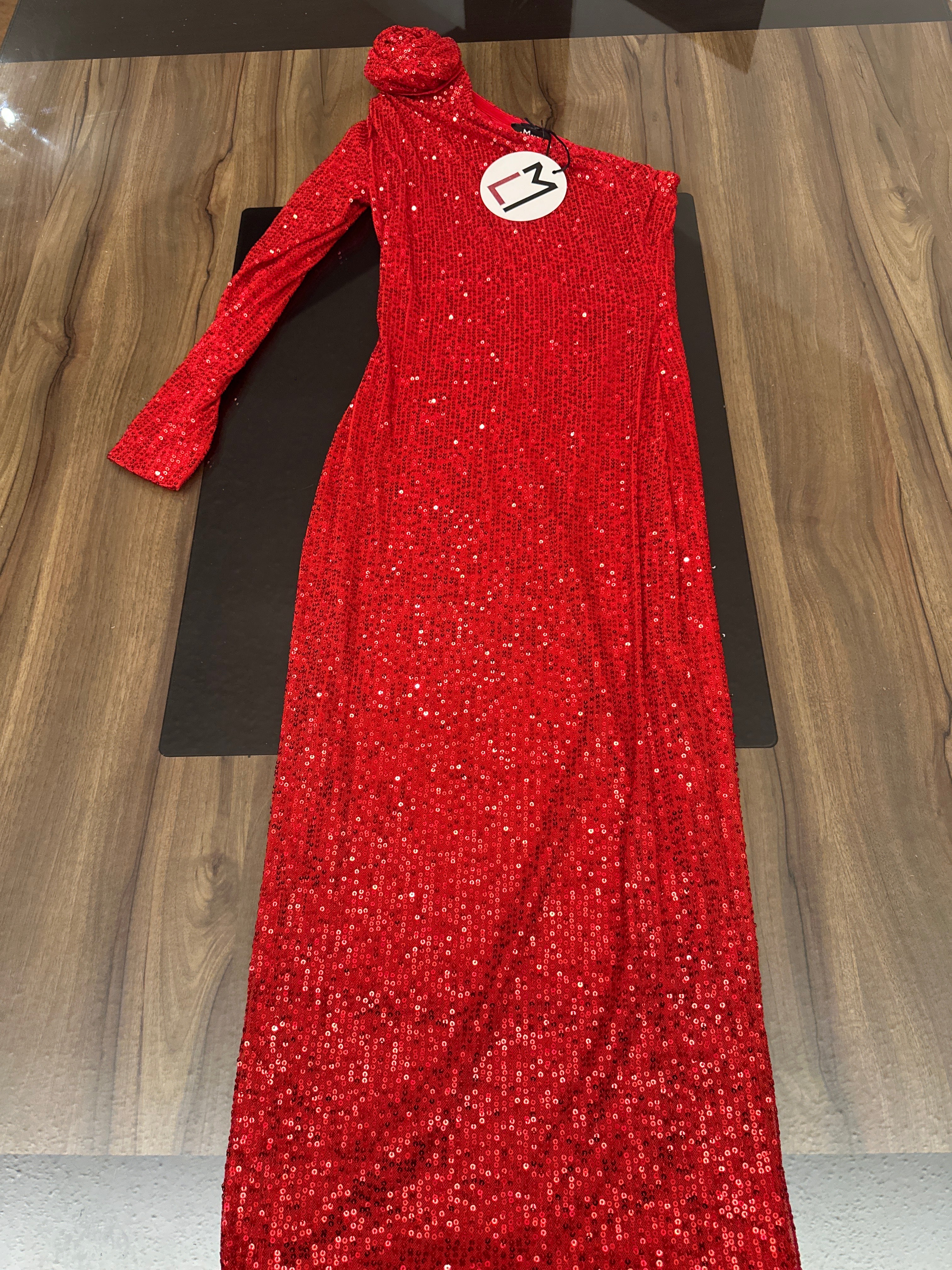 Vestido Rojo Lent Flor Hombro