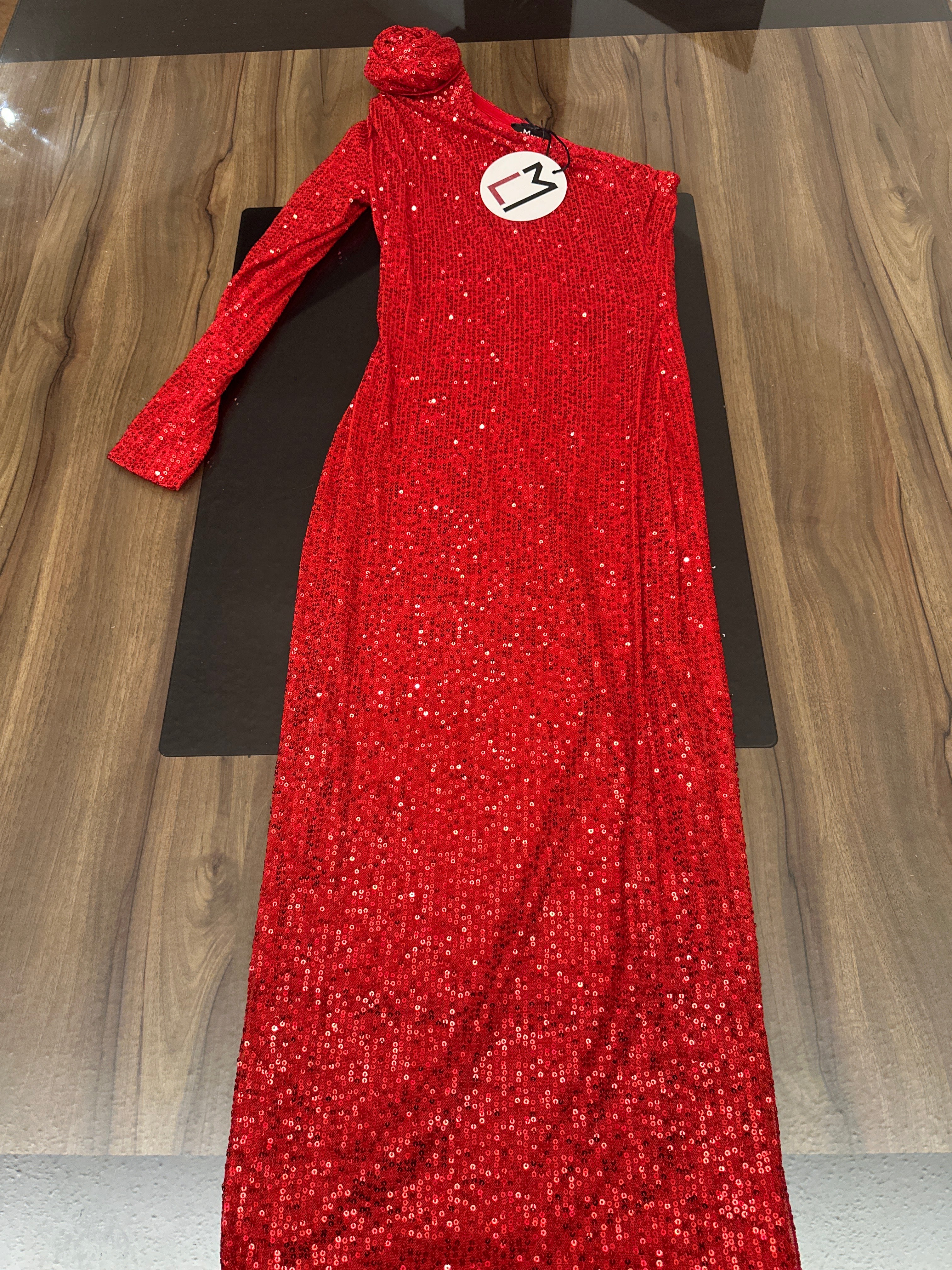 Vestido Rojo Lent Flor Hombro